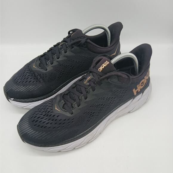 Hoka One One Women's Clifton 7 Gold Athletic Running Sneakers Shoes Black 10.5 - Picture 1 of 11